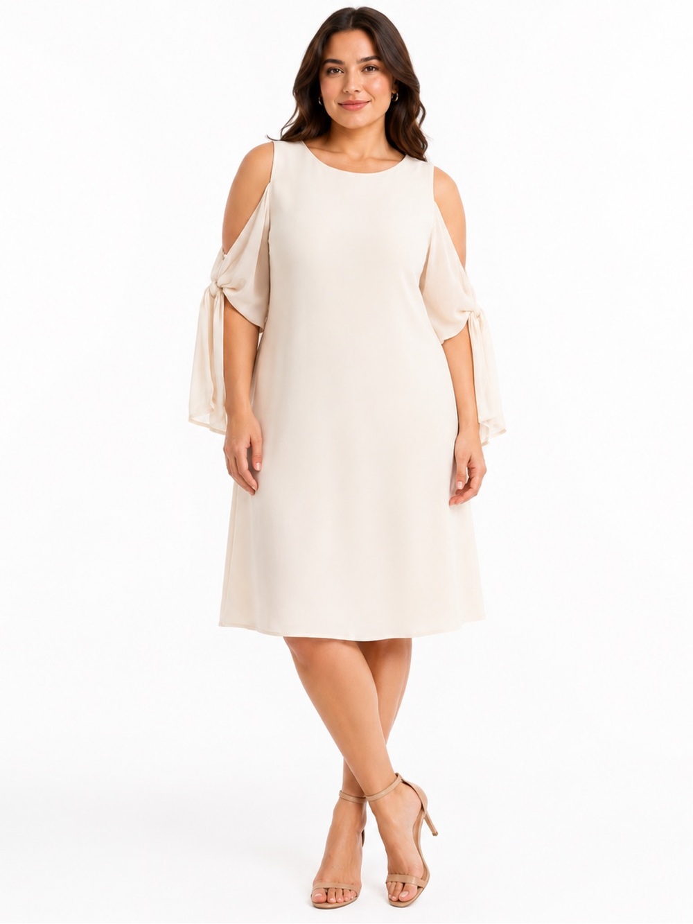 Neiman Marcus Cream Ivory Cold-Shoulder Midi Dress with Tie Sleeves Size 12